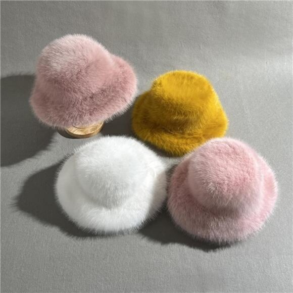 Luxury Faux Fur Bucket Hat for Women Yellow - Picture 2 of 7